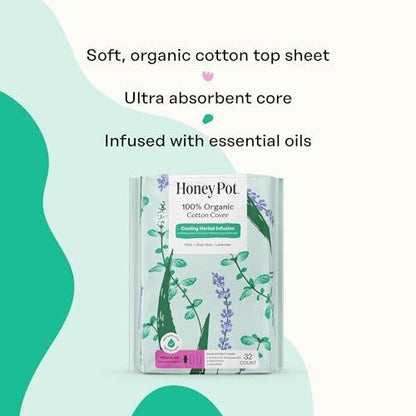 Honey Pot Herbal Sanitary Pads for Women - Regular Flow w/Wings - Infused w/Essential Oils for Cooling Effect & Organic Cotton Cover – Medium Pack - Feminine Care - 32 ct