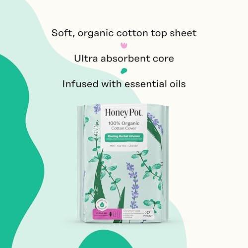 Honey Pot Herbal Sanitary Pads for Women - Regular Flow w/Wings - Infused w/Essential Oils for Cooling Effect & Organic Cotton Cover – Medium Pack - Feminine Care - 32 ct - görsel 7