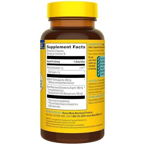 Nature Made Ashwagandha KSM 66 + Reishi Mushroom Capsules, Stress Relief Blend Ashwagandha and Mushroom Supplement, 60 Capsules, 30 Day Supply - görsel 11