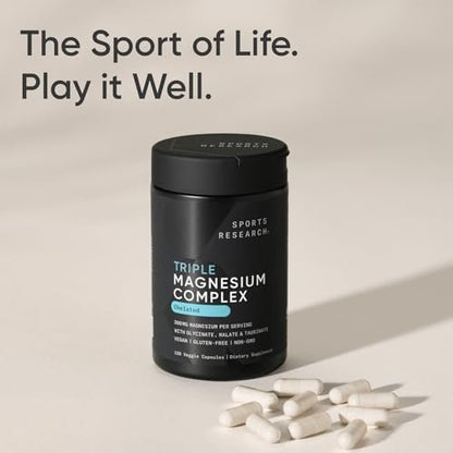 Sports Research® Chelated Triple Magnesium Complex with Glycinate, Taurinate & Malate (Chelamax®) for Enhanced Bioavailability* - 300 mg per Serving, Non-GMO, Certified Vegan, 120 Veggie Capsules