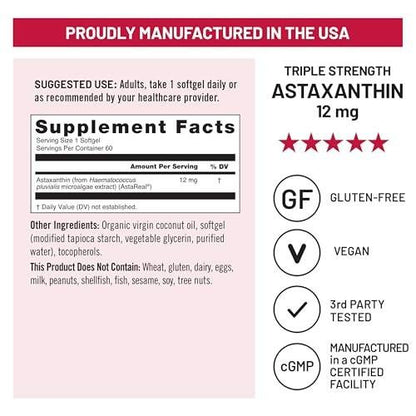 NatureWise Triple Strength Astaxanthin 12mg with AstaReal® - Vegan Antioxidant Supplement with Organic Coconut Oil - NSF Certified Gluten Free, 60 Softgels [60 Day Supply]