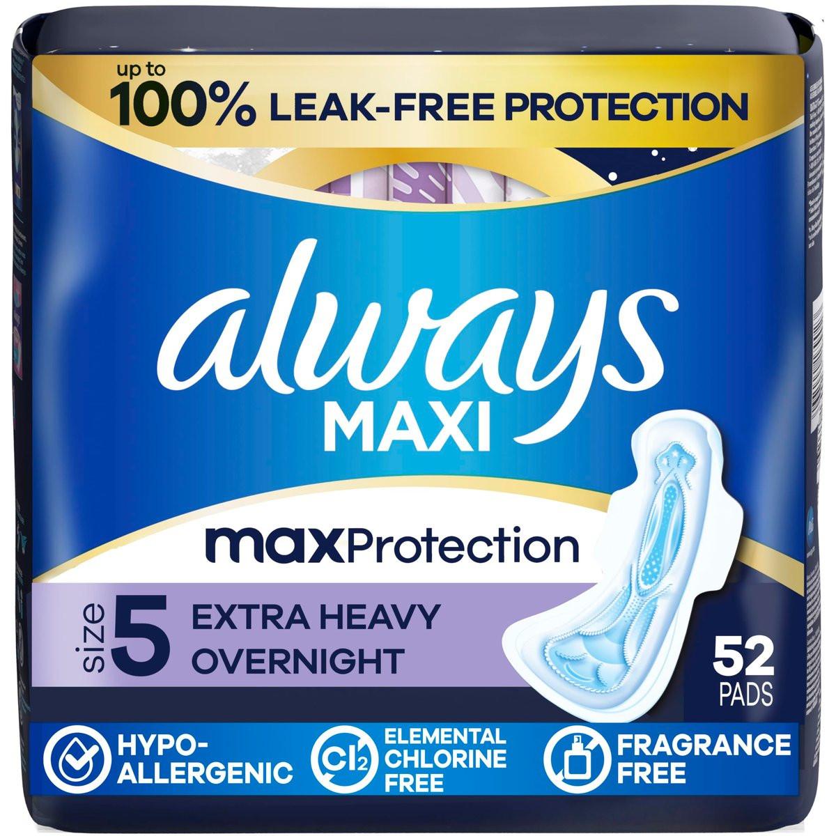 Always Maxi Overnight Feminine Pads with Wings, Size 5, Extra Heavy Overnight Absorbency, Unscented, 52 Count - görsel 1