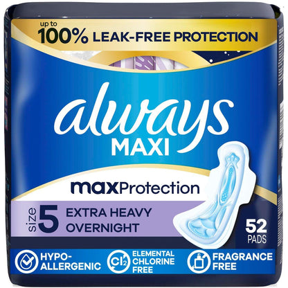Always Maxi Overnight Feminine Pads with Wings, Size 5, Extra Heavy Overnight Absorbency, Unscented, 52 Count