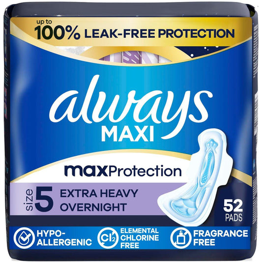 Always Maxi Overnight Feminine Pads with Wings, Size 5, Extra Heavy Overnight Absorbency, Unscented, 52 Count