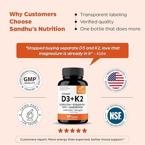 Sandhu's Vitamin D3 K2 Magnesium 2000 IU, 50mcg K2 Capsules 60 Count (Pack of 1) | with VIT B6, Zinc & Quercetin | D3K2 Supports Superior Absorption, Energy, Immune, Muscle Health for Men & Women - görsel 9