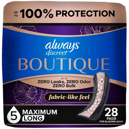 Always Discreet Boutique Adult Incontinence Bladder Leak Pads for Women, Maximum Absorbency, Long Length, Up to 100% Bladder Leak Protection, 28 Count