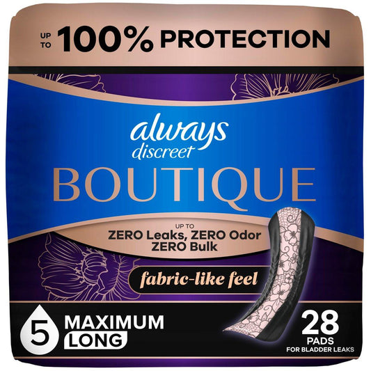 Always Discreet Boutique Adult Incontinence Bladder Leak Pads for Women, Maximum Absorbency, Long Length, Up to 100% Bladder Leak Protection, 28 Count