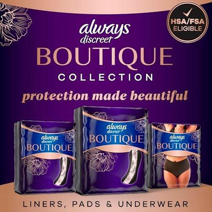 Always Discreet Boutique Adult Incontinence Bladder Leak Pads for Women, Maximum Absorbency, Long Length, Up to 100% Bladder Leak Protection, 28 Count