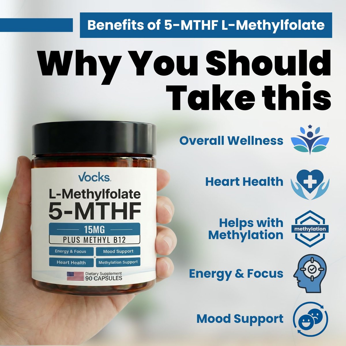 Vocks L Methylfolate 15mg | 5-MTHF + Methyl B12 | High Potency Methylfolate Supplement | Active Methylated Folate Vitamin B9 | MTHFR Supplement| Folate Supplement for Women & Men | 90 Capsules - görsel 8