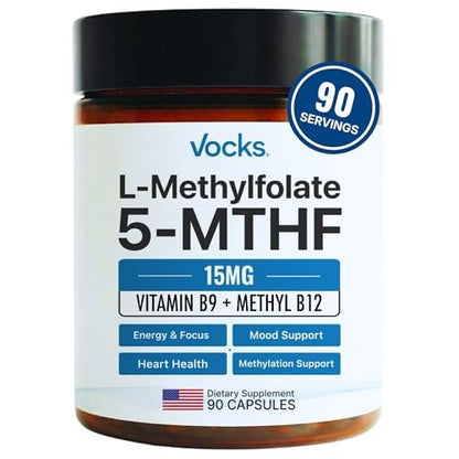Vocks L Methylfolate 15mg | 5-MTHF + Methyl B12 | High Potency Methylfolate Supplement | Active Methylated Folate Vitamin B9 | MTHFR Supplement| Folate Supplement for Women & Men | 90 Capsules