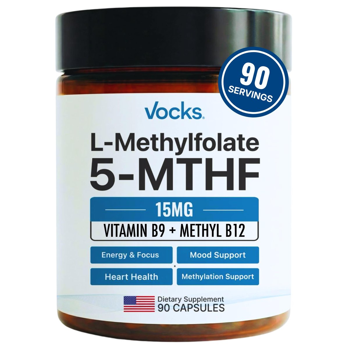 Vocks L Methylfolate 15mg | 5-MTHF + Methyl B12 | High Potency Methylfolate Supplement | Active Methylated Folate Vitamin B9 | MTHFR Supplement| Folate Supplement for Women & Men | 90 Capsules - görsel 2