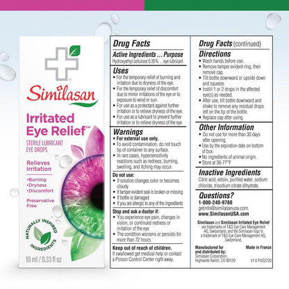 Similasan Irritated Eye Relief Drops, Instant Relief and Long-Lasting Comfort, Naturally Inspired Ingredients for Irritated Eyes, Mimics Natural Tears, Preservative-Free, Contact Lens Friendly, 10ml
