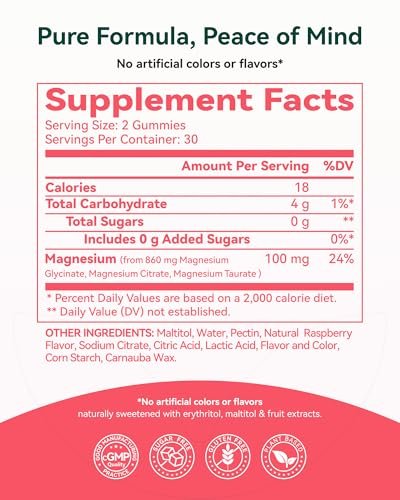 Magnesium Glycinate Gummies 860mg (100mg Elemental), Melatonin-Free & Sugar-Free Magnesium Supplement for Adults & Kids 4+, Supports Restful Sleep, Muscle Recovery & Calm Mood, Raspberry, 60 Count