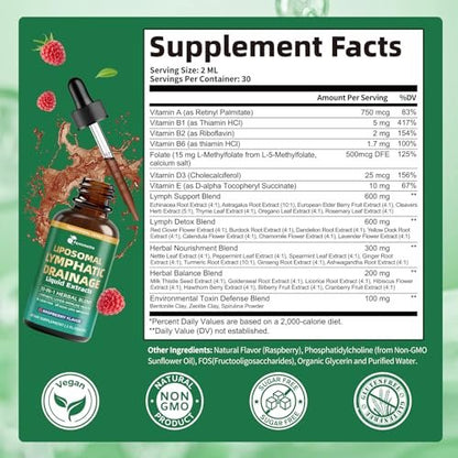 Liposomal Lymphatic Drainage Supplements with 30-in-1 Herbal Blend - Echinacea | Oregano | Milk Thistle - Sugar Free Lymph System Drops - Immune Support, Cleanse & Detox, Raspberry Flavor, 2 fl oz