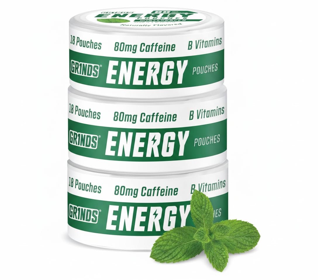 Grinds Energy Pouches | Wintergreen Flavor | 3 Cans | 80mg Natural Caffeine Per Pouch | Sugar-Free & Zero Calories | With B-Vitamins | 18 Pouches Per Can - görsel 14