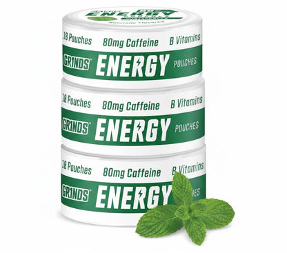 Grinds Energy Pouches | Wintergreen Flavor | 3 Cans | 80mg Natural Caffeine Per Pouch | Sugar-Free & Zero Calories | With B-Vitamins | 18 Pouches Per Can
