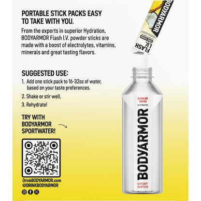 BODYARMOR Flash I.V. Electrolyte Packets, Pineapple Coconut, Zero Sugar Drink Mix, Single Serve Packs, Coconut Water Powder, Hydration for Workout, Travel Essential, Add Sticks to Liquid (15 Count)