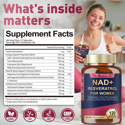 Totaria NAD+ Supplement for Women - NAD Trans-Resveratrol Supplement with Magnesium, CoQ10, PQQ, Ashwagandha, Collagen Peptide - NMN & NMNH Alternative - Cellular Renewal & Energy - 120 Capsules