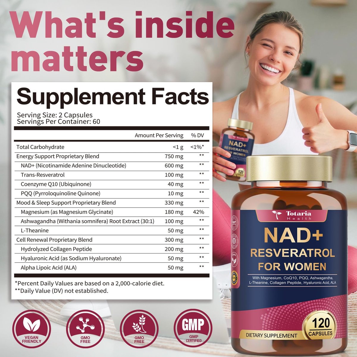 Totaria NAD+ Supplement for Women - NAD Trans-Resveratrol Supplement with Magnesium, CoQ10, PQQ, Ashwagandha, Collagen Peptide - NMN & NMNH Alternative - Cellular Renewal & Energy - 120 Capsules - görsel 3