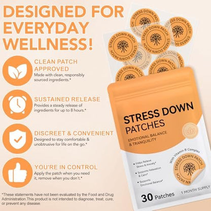 ROWKDRKB Stress Down Patches - Stress & Anxiety Relief, Cortisol Level Support for Women Men, Plant-Based Formula - 30 Patches