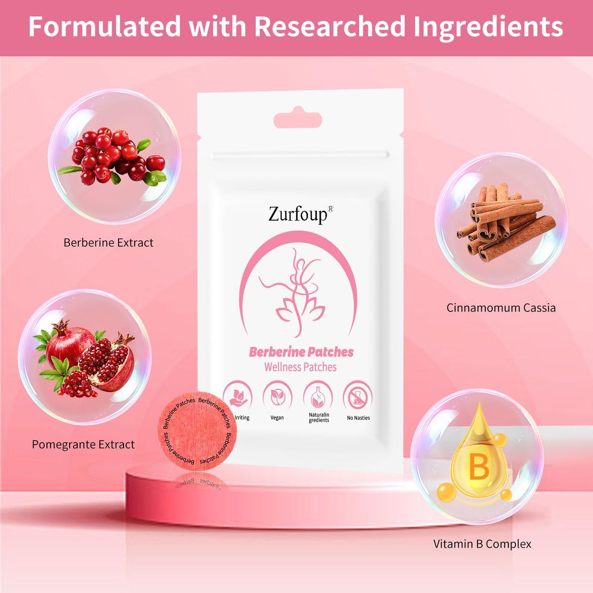 Zurfoup Berberine Patches with L Glutamine, Chromium, Pomegranate and Cinnamon, 8-Hour Long-Lasting Formula Support, Suitable for Men and Women's (60PCS) - görsel 3
