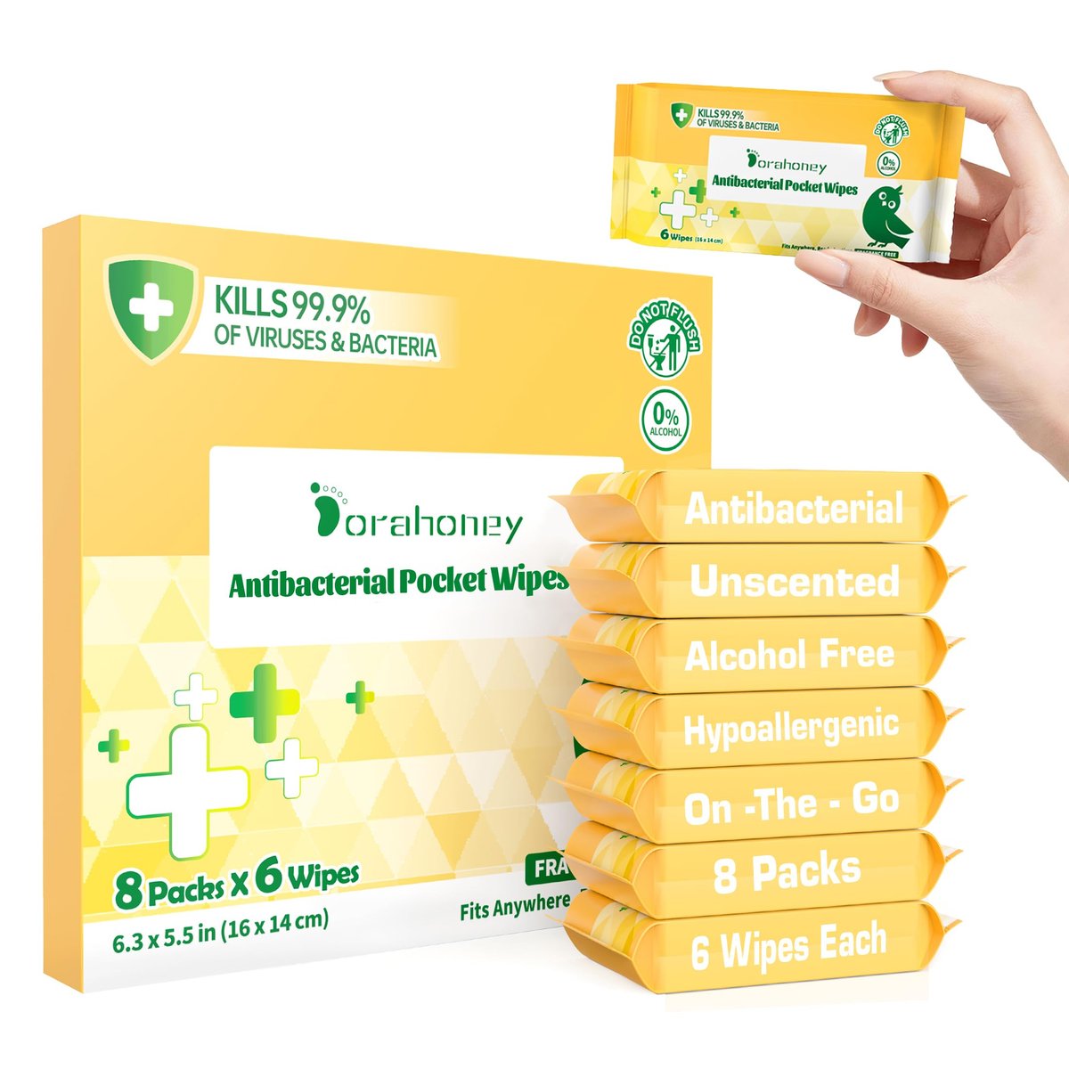 Dorahoney Travel Antibacterial Hand Wipes, 99% Water Hand Sanitizer Wipes, Safe for Sensitive Skin & Hypoallergenic Hand Sanitizing Pocket Wipes, 48 Count (8 Packs of 6) - görsel 1