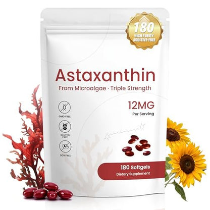 PixelVerve Astaxanthin Supplements 12mg, 180 Softgels, 6 Month Supply | High Purity Astaxanthin Supplement from Fresh Microalgae | Supports Eye, Skin & Joint Health | Non-GMO