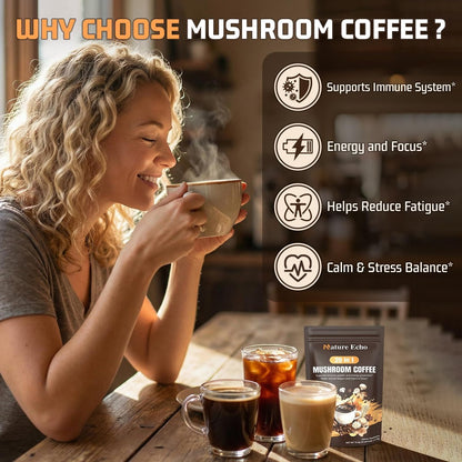 Nature Echo 20 in 1 Mushroom Coffee with Ashwagandha | Lion’s Mane, Reishi, Cordyceps & More - Low Caffeine Instant Coffee Powder for Focus, Energy, Immune & Gut Support | 2.5 Ounce | Sugar Free