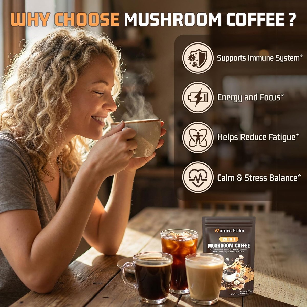 Nature Echo 20 in 1 Mushroom Coffee with Ashwagandha | Lion’s Mane, Reishi, Cordyceps & More - Low Caffeine Instant Coffee Powder for Focus, Energy, Immune & Gut Support | 2.5 Ounce | Sugar Free - görsel 3