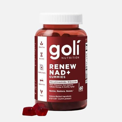 Goli World’s First Renew NAD+, 60 Count – Nicotinamide Riboside (NR) – Cellular Energy & Healthy Aging Support – Vegan, Non-GMO, Gelatin-Free Liquid-Center Gummies