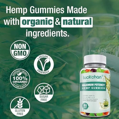 (1 Pack) Hemp Gummies for Sleep, Pain, Anxiety – Pure Extra Strength Organic Hemp Oil Gummies – 100% Natural Bear High Potency Hemp Gummy for Adults – 80 Count