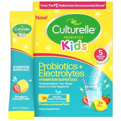 Culturelle® Kids Probiotics and Electrolytes Hydration Super Duo, Strawberry Lemonade, Sugar Free‡ Powder Packets for Immune and Digestive Support, 30 Count