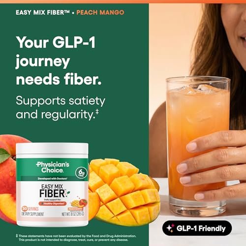 Physician's CHOICE Easy Mix Fiber for GLP-1 Support - No Grit - Daily Prebiotic Soluble Fiber Powder Supplement for Women and Men - Peach Mango - 30 Servings - görsel 1