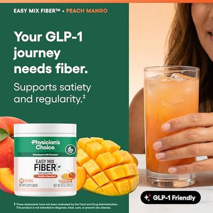 Physician's CHOICE Easy Mix Fiber for GLP-1 Support - No Grit - Daily Prebiotic Soluble Fiber Powder Supplement for Women and Men - Peach Mango - 30 Servings