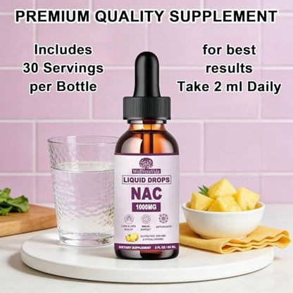 NAC Supplement N-Acetyl Cysteine 1000mg, Liposomal Nac Drops w. Vitamin C for Antioxidant, Liver & Kidney Detox*, Supports Respiratory & Immune Health, Fast Absorb Than Powder Gummies丨Dairy & Soy-Free