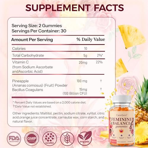 CareGem Feminine Balance Gummies – pH Balance for Women & Vaginal Health – Pineapple Probiotics with Bacillus Coagulans – Odor Control & Flora Support – 60 Gummies - görsel 6