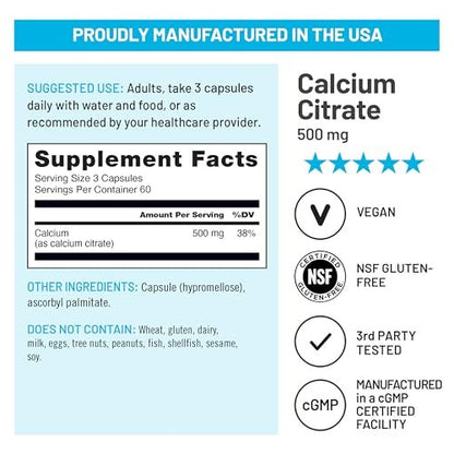 NatureWise Calcium Citrate 500mg Capsules - Supplement for Bone Health - Easy to Digest & Absorb - Vegan, Non-GMO, Gluten-Free - 180 Count [60-Day Supply]