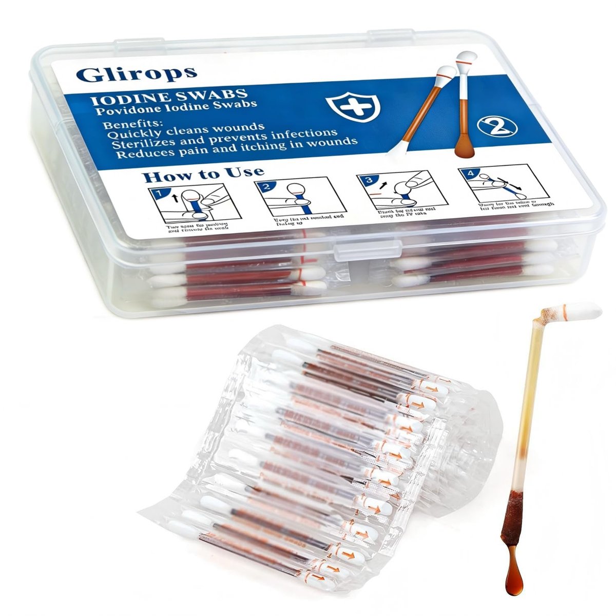 100 Sticks Povidone Iodine Swabsticks - FSA/HSA Snap-to-Activate Iodine Swabs for First Aid & Nasal Care, 10% Solution Wound Care Supplies, Individually Wrapped in Reusable Case - görsel 14