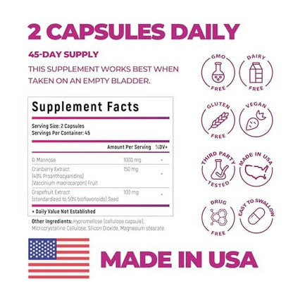 Bladder Control Supplements, D Mannose with Cranberry, 1000mg for Bladder Control. Advanced Kidney Support for Urinary Tract Health. Premium Bladder, d-mannose, Detox and Repair, 90 caps, Made in USA