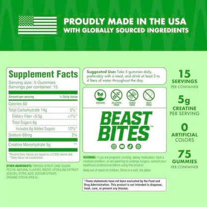 BEAST BITES Creatine Infused Gummies® - 5g Creatine Monohydrate Per Serving - NSF Certified for Sport, Clean Label Project Certified (75 Gummies, Sour Watermelon Splash)