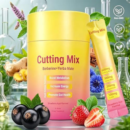 Warmbioder Cutting Drink Mix | Supports Satiety Signaling, Energy & Gut Health with Berberine, Chromium, FOS, Yerba Mate & 5-HTP, Strawberry Açaí – 30 Sticks