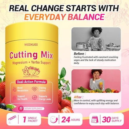 MIDDKUOO Cutting Drink Mix – Dual-Action Satiety Signaling, Energy & Digestive Health with Berberine, Chromium, FOS, Yerba Mate & 5-HTP | Vegan, Sugar-Free, Non-GMO - 30 Sticks