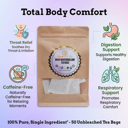 Cure Wid Pure | Organic Marshmallow Root Tea Bags 2g x 50 Count | Caffeine Free Non-GMO Marshmallow Tea in Eco-Conscious Tea Bags | Althaea Officinalis Herbal Tea Supports Throat Gut & Natural Comfort