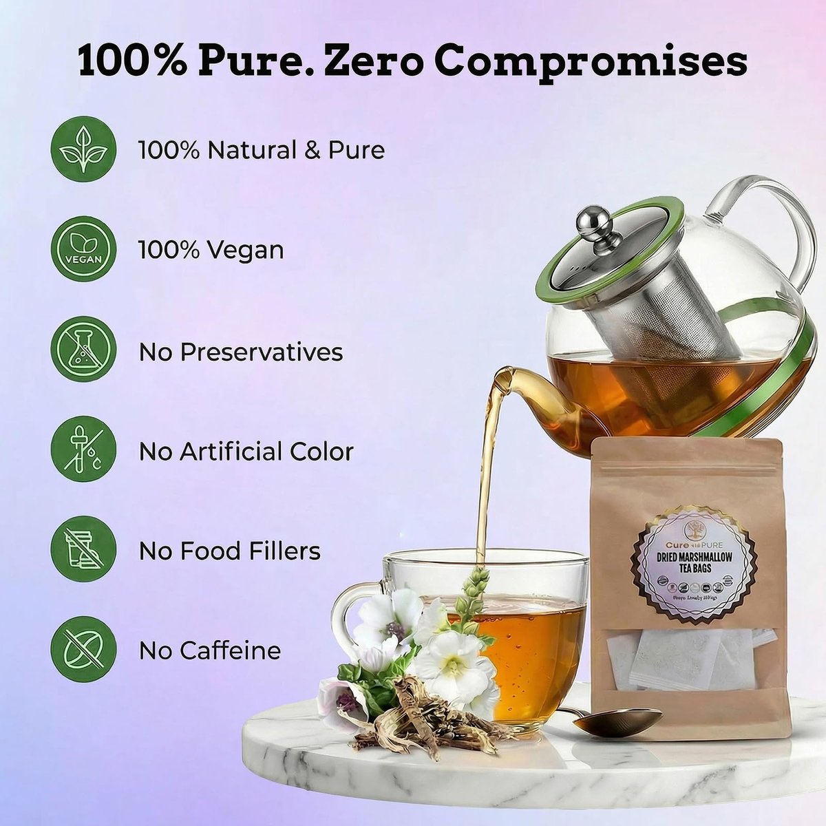 Cure Wid Pure | Organic Marshmallow Root Tea Bags 2g x 50 Count | Caffeine Free Non-GMO Marshmallow Tea in Eco-Conscious Tea Bags | Althaea Officinalis Herbal Tea Supports Throat Gut & Natural Comfort - görsel 7