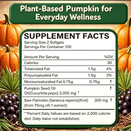Everly Pumpkin Seed Oil with Saw Palmetto, Cold Pressed, Pure Virgin Oil, Rich in Essential Fatty Acids, Cold Pressed Pumpkin Seed Oil Capsules, Non-GMO, 60 SOFTGELS (1PCS) - görsel 1
