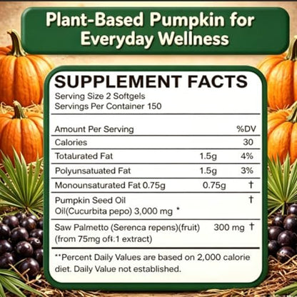 Everly Pumpkin Seed Oil with Saw Palmetto, Cold Pressed, Pure Virgin Oil, Rich in Essential Fatty Acids, Cold Pressed Pumpkin Seed Oil Capsules, Non-GMO, 60 SOFTGELS (1PCS)