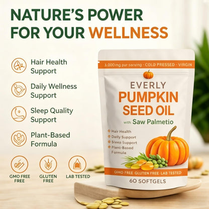 Everly Pumpkin Seed Oil with Saw Palmetto, Cold Pressed, Pure Virgin Oil, Rich in Essential Fatty Acids, Cold Pressed Pumpkin Seed Oil Capsules, Non-GMO, 60 SOFTGELS (1PCS)