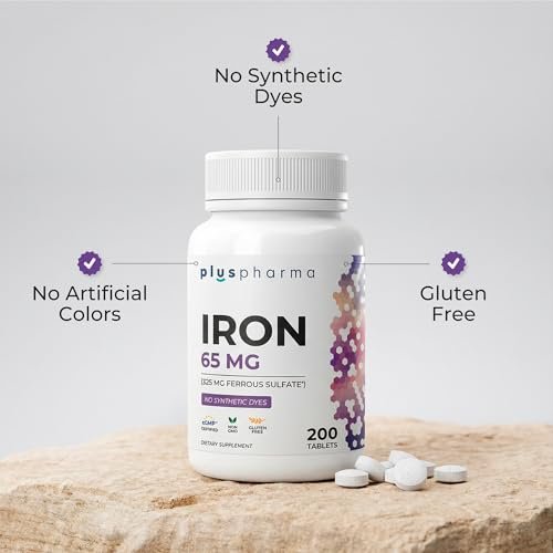 PlusPharma Iron 65 mg (from 325 mg Ferrous Sulfate), 200 Tablets, High Potency Iron Supplement, Non-GMO, Gluten Free, No Synthetic Dyes - görsel 8