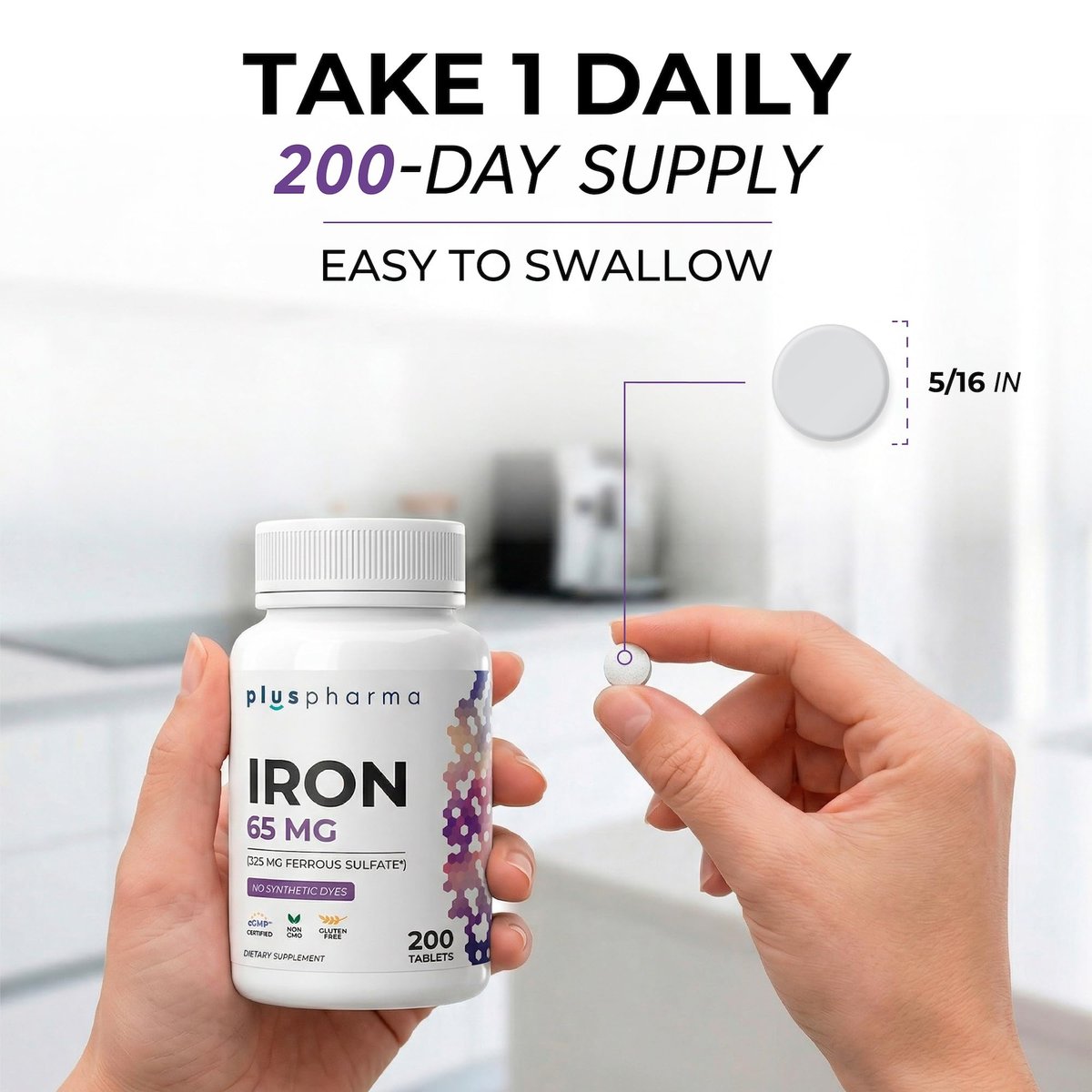 PlusPharma Iron 65 mg (from 325 mg Ferrous Sulfate), 200 Tablets, High Potency Iron Supplement, Non-GMO, Gluten Free, No Synthetic Dyes - görsel 9