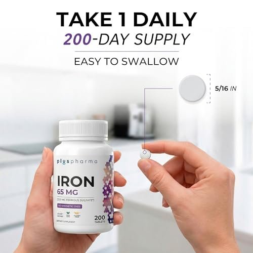 PlusPharma Iron 65 mg (from 325 mg Ferrous Sulfate), 200 Tablets, High Potency Iron Supplement, Non-GMO, Gluten Free, No Synthetic Dyes - görsel 10